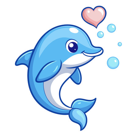 Playful dolphin blowing heart shaped water bubbles vector illustrationのイラスト素材