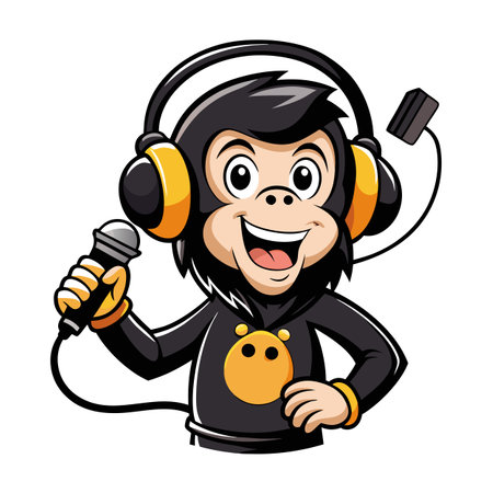 Silly funny chimp with headphones on and a mic in hand about to performのイラスト素材