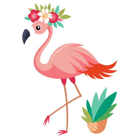 Chic stylized flamingo balancing on one leg with a lush tropical settingのイラスト素材