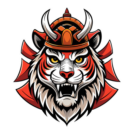 Awesome stylized samurai tiger head with bold traditional Japanese patternsのイラスト素材
