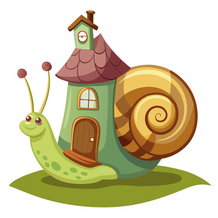 Adorable snail with a small house on its shell vector illustration whimsicalのイラスト素材