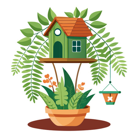 Creative Treehouse Birdfeeder Planter With Hanging Ferns Designのイラスト素材