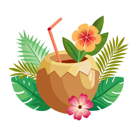 Charming Coconut Drink Planter Featuring Tropical Bloomsのイラスト素材