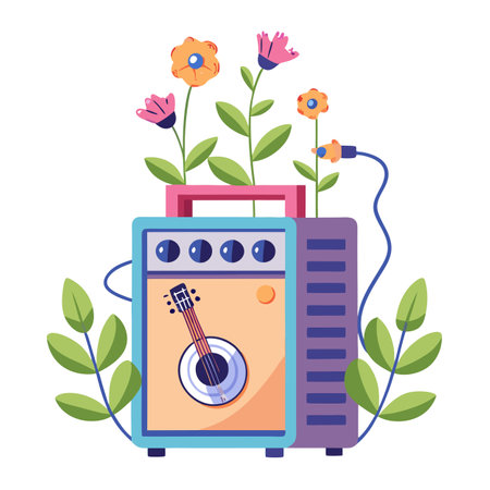 Guitar Amplifier Planter With Plants Growing From Itのイラスト素材