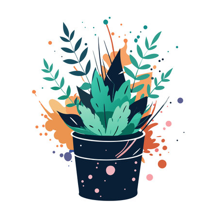 Charming Ink Splash Planter Featuring Artistic Leavesのイラスト素材