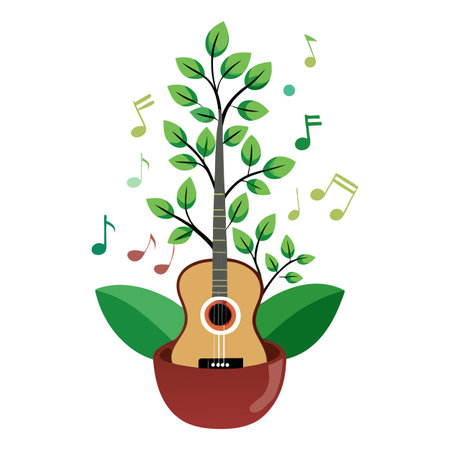 Guitar Pick Planter With Musical Notes And Hanging Vinesのイラスト素材
