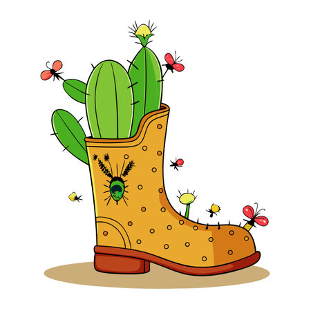 Cactus In A Boot Planter With Tiny Crawling Antsのイラスト素材