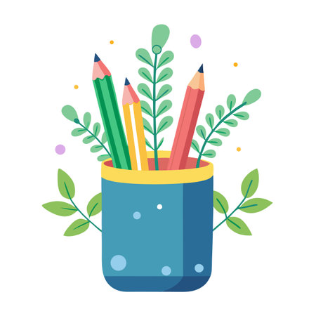 Creative Pencil Holder Planter With Pencils And Plants Growing Out Designのイラスト素材