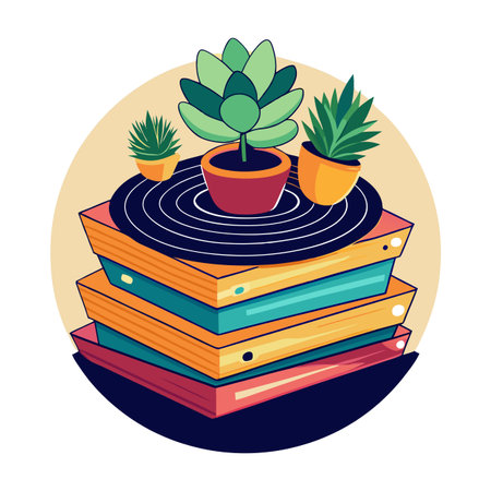 Charming Stack Of Vinyl Records Planter Featuring Succulents Growing Outのイラスト素材