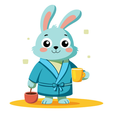 Sleepy cartoon character wearing rabbit slippers and a robe stretching in vector artのイラスト素材