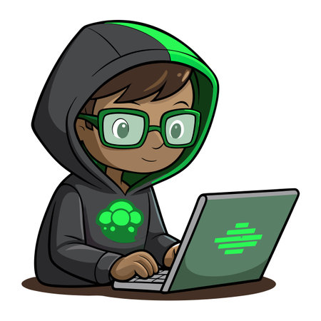 Cartoon hacker illustration full body cartoon person with laptop happy codingのイラスト素材