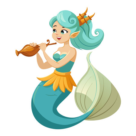 Animated mermaid playing a musical instrument underwater vector illustration ocean fantasy musicのイラスト素材
