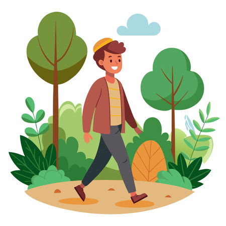 Simple cartoon person character on a nature walk illustration outdoors peaceful calmのイラスト素材