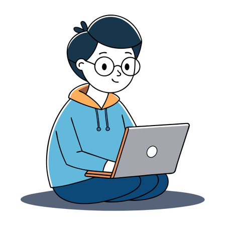 Minimalist character writing a novel on a laptop simple cartoon illustration writingのイラスト素材