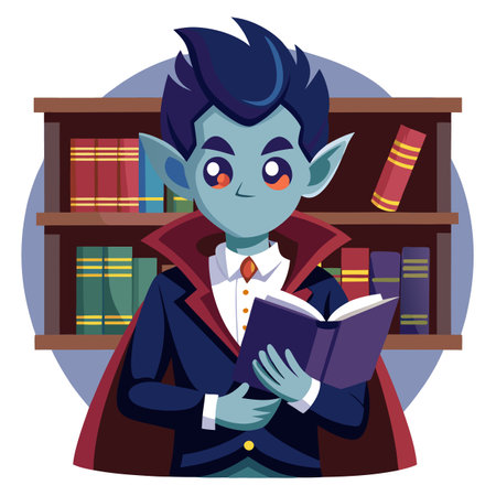 Simple cartoon serious vampire librarian character with a stern look illustration gothic booksのイラスト素材