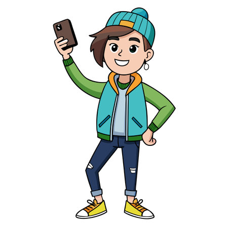 Cartoon social media influencer illustration with phone simple design online happy famousのイラスト素材