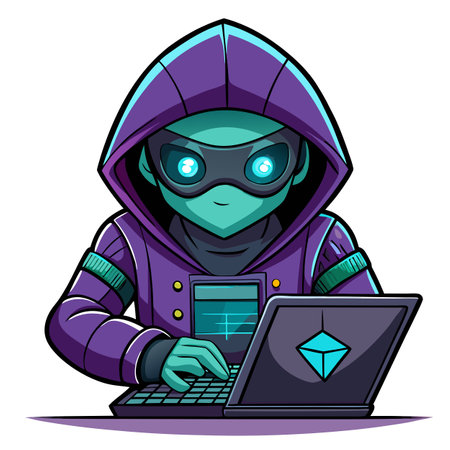 Cartoon sneaky cyberpunk hacker illustration with laptop simple design futuristic happyのイラスト素材