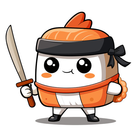Courageous Food Samurai Mascot A Cartoon Vector Illustration of a Brave Sushi Chefのイラスト素材