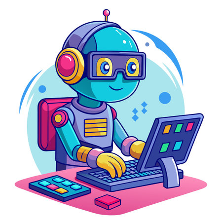 Cartoon character as a robot programmer typing code illustration technology programming futureのイラスト素材