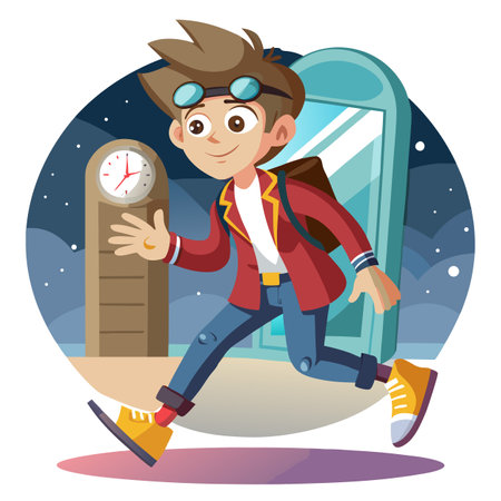 Vector Art of a Cartoon Time Traveler Stepping Out of a Time Machine Sci-Fi Journeyのイラスト素材