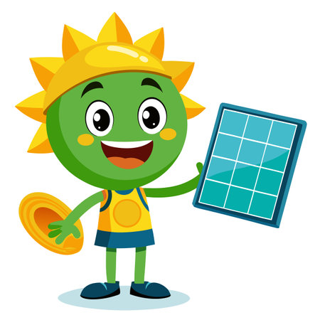 Cartoon character illustration holding solar panel smiling simple design renewable happy energy greenのイラスト素材