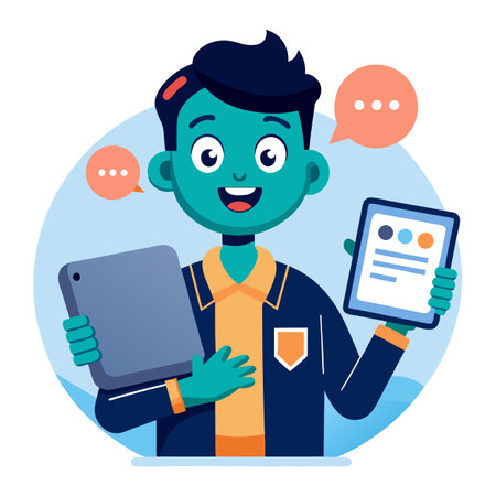 Cartoon character illustration holding tablet with digital document simple design technology happy informationのイラスト素材