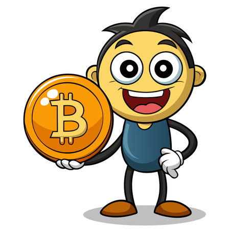 Vector Art of a Cartoon Figure Holding a Large Bitcoin Symbol Financial Technologyのイラスト素材