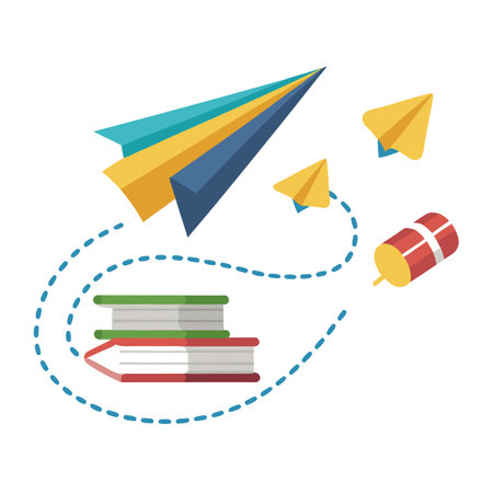 Learning and Flying High: Books, Paper Planes, and Rocket Illustrationのイラスト素材