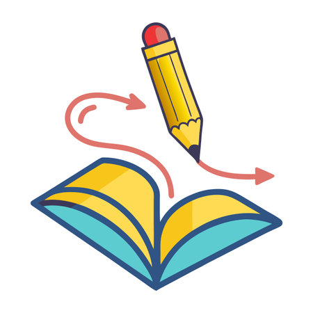 Illustration of a book with a pencil and arrows, study conceptのイラスト素材
