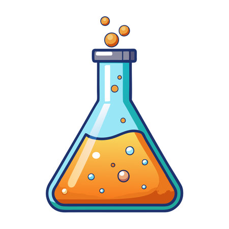 Cartoon Erlenmeyer flask with orange liquid and bubbles for science
