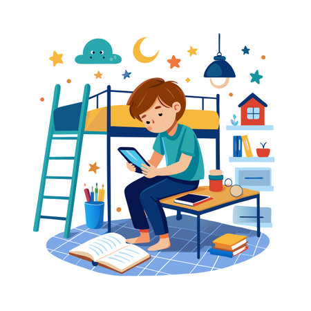 Boy in Bedroom Using Tablet by Bunk Bed Illustrationのイラスト素材