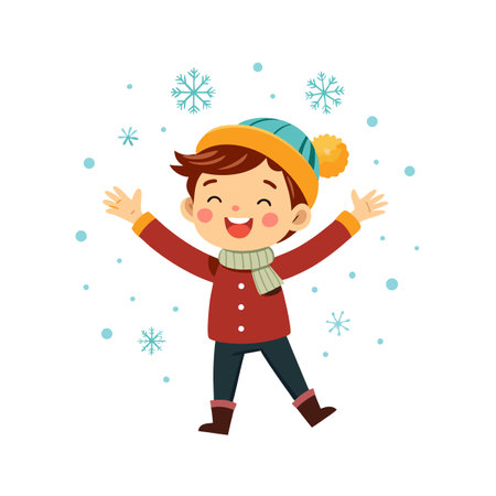 Happy Boy Playing in the Snow, Wearing Winter Clothes, Cartoon Illustrationのイラスト素材