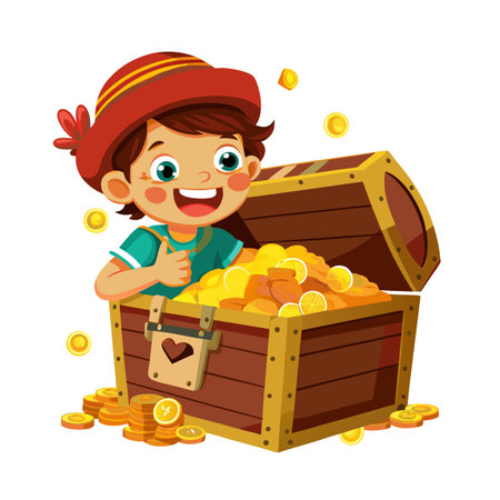 Happy Cartoon Boy Finds a Treasure Chest Filled with Gold and Lemon Slicesのイラスト素材
