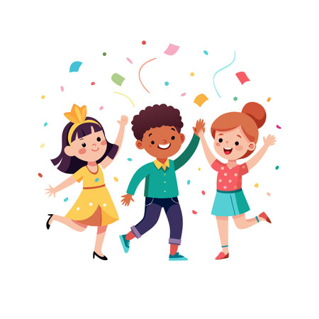 Happy Children Celebrating with Confetti: Joyful Celebration, Birthday Party, Kids Funのイラスト素材