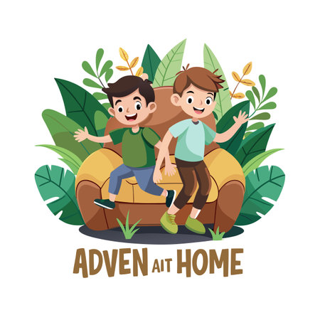 Advent at Home: Two Boys on a Couch Surrounded by Greeneryのイラスト素材