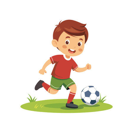 Boy playing soccer with a soccer ball on green grass fieldのイラスト素材