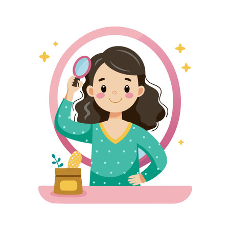 Cute Girl Examines Hair with Magnifying Glass, Hair Care Concept Illustrationのイラスト素材