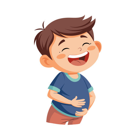 Cartoon Boy Laughing Hysterically While Clutching Stomach, Happy Child Expressionのイラスト素材