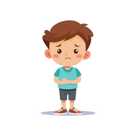 Sad Cartoon Boy with Crossed Arms: Vector Illustration of Childhood Emotionのイラスト素材