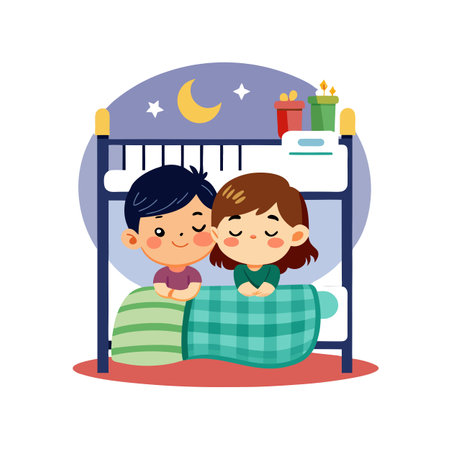 Cartoon Boy and Girl Sleeping in Bunk Bed with Presents, Night Skyのイラスト素材
