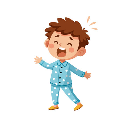 Cartoon Boy Yawning in Blue Polka Dot Pajamas, Isolated on Whiteのイラスト素材