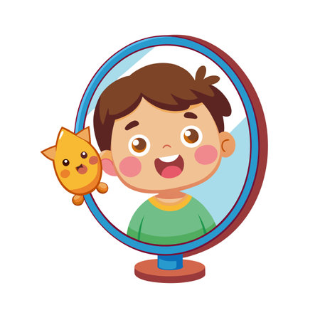 Boy with Plush Toy Reflection in Mirror, Cartoon Illustration for Kidsのイラスト素材