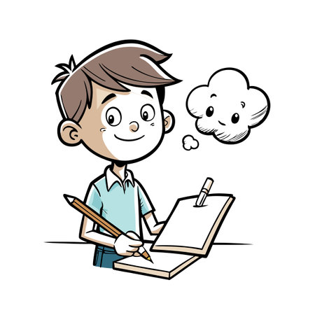 Cartoon Boy Drawing with Cloud Thought Bubble Illustration for Kidsのイラスト素材