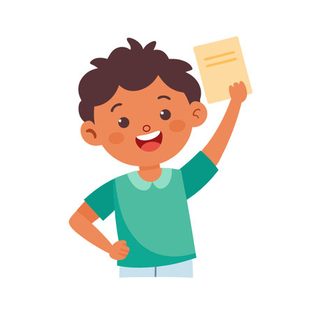 Happy Boy Holds Paper in Air - School Success Illustrationのイラスト素材