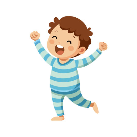 Happy Boy Waking Up Stretching in Blue Pajamas Cartoon Illustrationのイラスト素材
