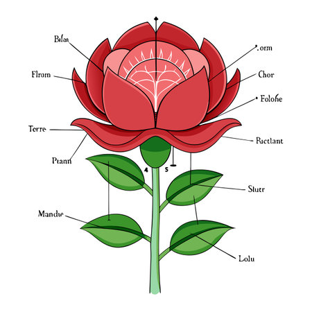 Illustrated Flower Diagram with Labeled Parts in Unfamiliar Languages and Namesのイラスト素材