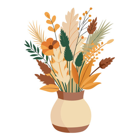 Boho Floral Arrangement in Vase: Autumn Colors, Modern Aesthetic, Minimalist Designのイラスト素材