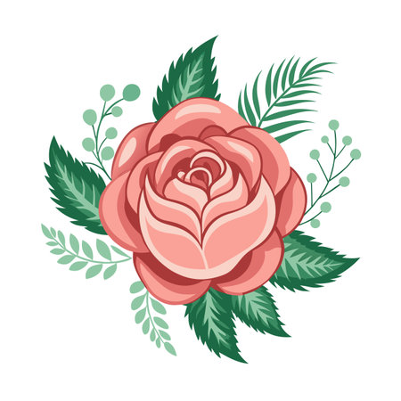 Peach Rose Flower Illustration with Leaves and Berries on White Backgroundのイラスト素材
