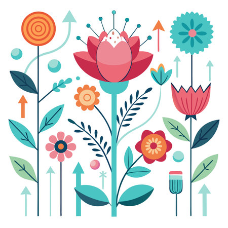 Colorful Floral Illustration with Arrows on White Background for Modern Designのイラスト素材