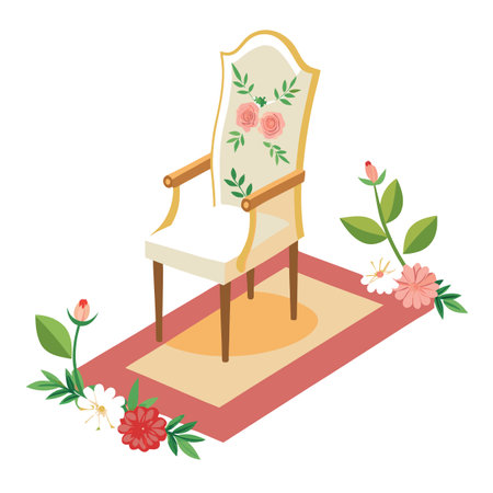 Elegant Chair Illustration with Floral Design on Rug, Isolated Vectorのイラスト素材